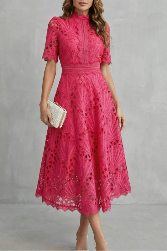 Charlisse – Ornate lace refinement – High-neck midi dress